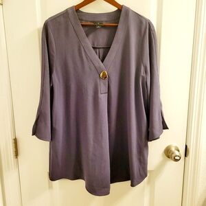 Worthington Loose Purple V-Neck Long Sleeve Blouse with Gold Button Size Medium